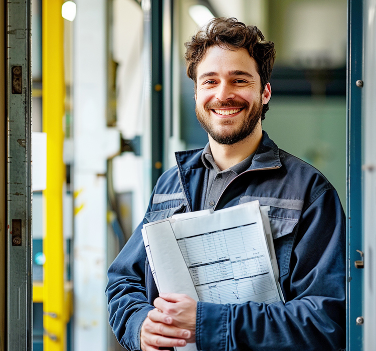 Homem mantendo documentos em ambiente industrial, possivelmente relacionados à fabricação ou manutenção de ferramentas elétricas, com foco em produtos de martelo de demolição, martelo rotativo e martelo de jack.