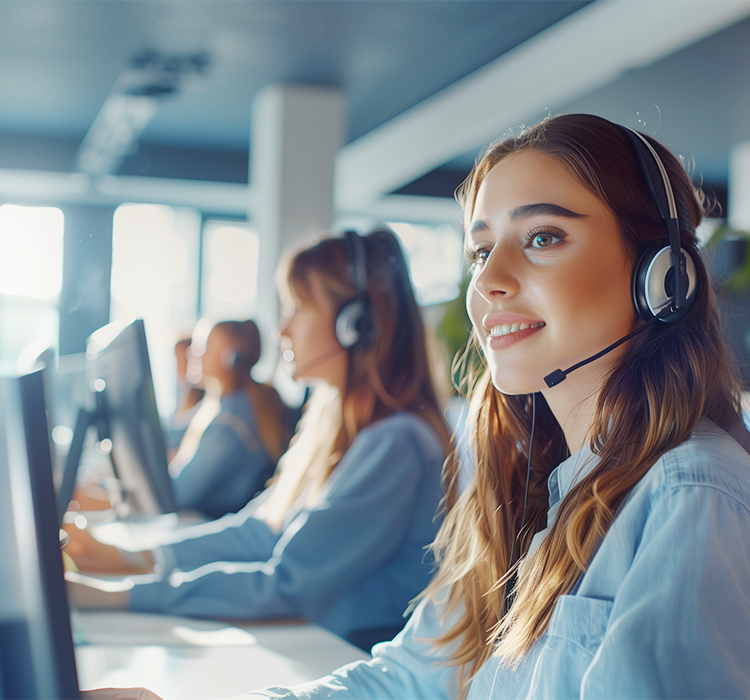 Representantes de atendimento ao cliente no trabalho, equipados com fones de ouvido, prontos para ajudar os clientes com perguntas sobre nossa gama de ferramentas elétricas, incluindo martelos de demolição, martelos rotativos e muito mais.